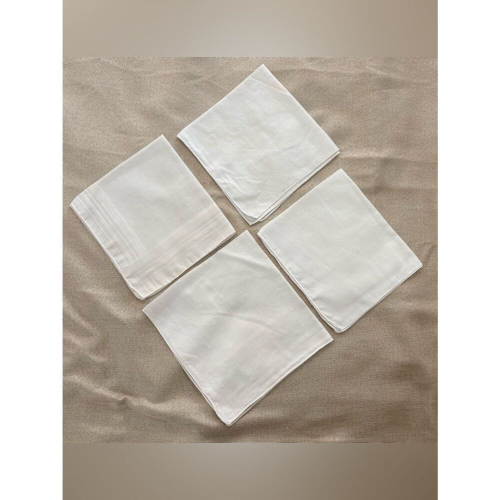 Vintage Men’s White Cotton Handkerchiefs Set of 4, Woven Border 17” sq.